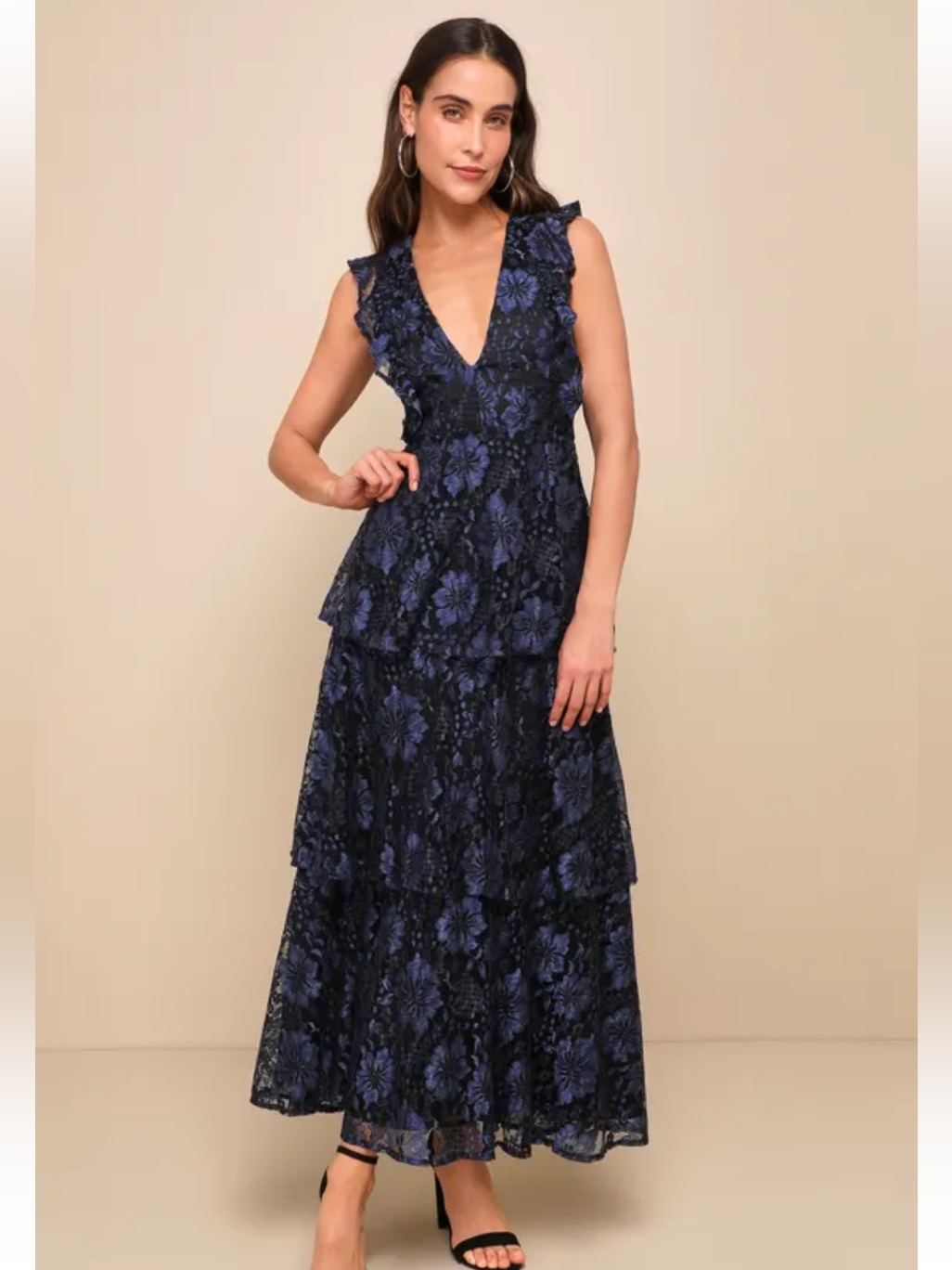 Nwt Navy Blue Lace Ruffled Tiered Sleeveless Maxi Dress, Size M